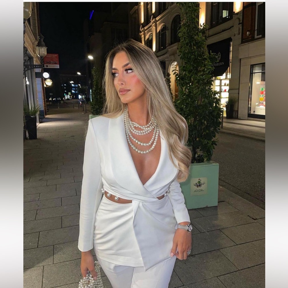Gorgeous Lavish Alice pearl trim cut out waist blazer in white